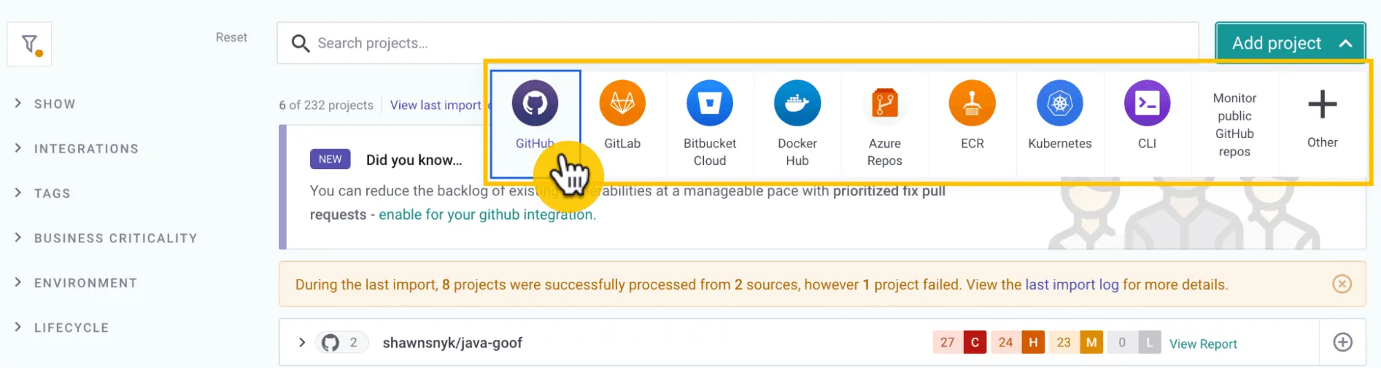 Enable desired repositories on Snyk